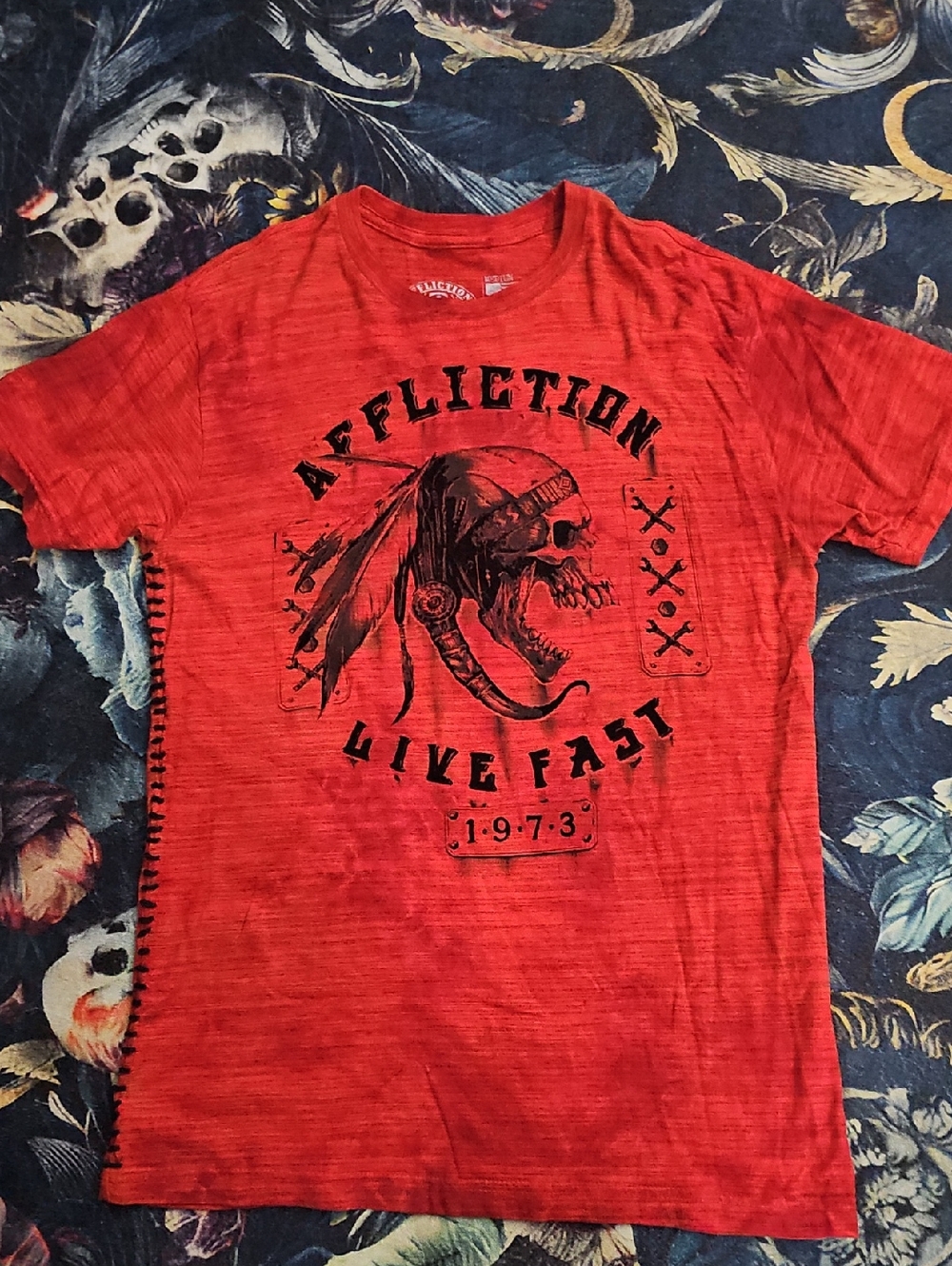 Affliction Red Live Fast Skull Graphic Short Sleeve Tee